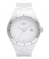 adidas adds a sleek touch of silver to the classically sporty style of this Cambridge watch. White polyurethane strap and round plastic case with silver tone aluminum bezel. White grid-patterned dial features silver tone stick indices, minute track, date window at three o'clock, three hands and logo at twelve o'clock. Quartz movement. Water resistant to 50 meters. Two-year limited warranty.