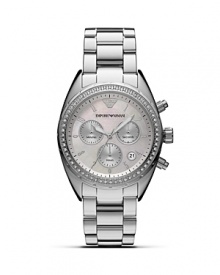 Designed for chic practicality, Emporio Armani's stainless steel chronograph is a sleek choice that adds understated elegance to your day-to-day look. Designed for chic practicality, Emporio Armani's stainless steel chronograph is a sleek choice that adds understated elegance to your day-to-day look.