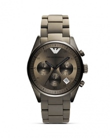 An edgy take on sporty style, Emporio Armani's cool, charcoal chronograph is an athletic add-on. Off the pitch, wear the timely piece to punch up your daytime uniform. An edgy take on sporty style, Emporio Armani's cool, charcoal chronograph is an athletic add-on. Off the pitch, wear the timely piece to punch up your daytime uniform.
