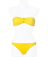 Look supremely sexy in this luxe bandeau bikini from Juicy Couture - Classic bandeau top with gold-tone hardware, classic slip-on bikini bottoms with back ruching and gold-tone logo hardware - Pair with a sheer caftan, wedge sandals, a floppy sunhat