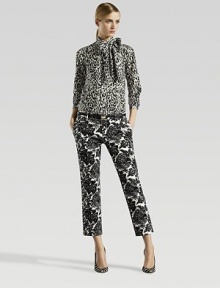 Black floral block printed stretch cotton pants.Self waistband with belt loopsZip flyBack flap pocketsTrademark Gucci back label97% cotton/3% elastaneDry cleanMade in Italy of imported fabricPlease note: Belt not included. Black floral block printed stretch cotton pants.Self waistband with belt loopsZip flyBack flap pocketsTrademark Gucci back label97% cotton/3% elastaneDry cleanMade in Italy of imported fabricPlease note: Belt not included.