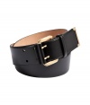 Pull together your look with a streamlined finish and wrap around Salvatore Ferragamos jet black calfskin belt - Gold-toned hardware - A sophisticated polish to casual jeans and dressy sheaths alike