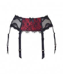 Get the sultry glamorous look of a vintage pin up girl in Von Follies by Dita Von Teeses black and luxury red 40s-inspired eyelash lace suspender belt - Black stretch lace paneled front with sheer luxury red underlay, sheer black scalloped lace trim, fishnet sides and back, adjustable back hook-and-eye closures, satin garter straps with clips - Wear with the matching balconette bra and silk stockings for a seriously seductive look Get the sultry glamorous look of a vintage pin up girl in Von Follies by Dita Von Teeses black and luxury red 40s-inspired eyelash lace suspender belt - Black stretch lace paneled front with sheer luxury red underlay, sheer black scalloped lace trim, fishnet sides and back, adjustable back hook-and-eye closures, satin garter straps with clips - Wear with the matching balconette bra and silk stockings for a seriously seductive look