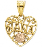Perfect for your favorite grandma, or Nana. This lovely scrolling heart charm features a 14k gold setting with a 14k rose gold flower accent. Chain not included. Approximate length: 8/10 inch. Approximate width: 6/10 inch.