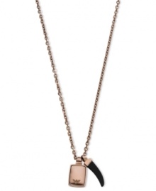 This rosy pendant necklace by Emporio Armani features a rose-gold ion-plated logo charm and a black onyx stone. Setting and chain crafted in stainless steel. Approximate length: 20 inches + 2-inch extender. Approximate drop: 1 inch. This rosy pendant necklace by Emporio Armani features a rose-gold ion-plated logo charm and a black onyx stone. Setting and chain crafted in stainless steel. Approximate length: 20 inches + 2-inch extender. Approximate drop: 1 inch.