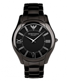 Sleek sophistication. Slim-profile watch by Emporio Armani crafted of black ceramic bracelet and round case. Black dial features silver tone Roman numerals, minute track, two hands and logo. Quartz movement. Water resistant to 30 meters. Two-year limited warranty. Sleek sophistication. Slim-profile watch by Emporio Armani crafted of black ceramic bracelet and round case. Black dial features silver tone Roman numerals, minute track, two hands and logo. Quartz movement. Water resistant to 30 meters. Two-year limited warranty.