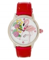 Flamingo wild with Betsey Johnson. Watch crafted of fuchsia leather bracelet and round silver tone mixed metal case. White dial features flamingo graphic with crystal accents, round pink crystal accent markers at twelve, three, six and nine o'clock, hour and minute hands, signature fuchsia second hand and logo. Quartz movement. Water resistant to 30 meters. Two-year limited warranty.