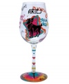 Stars align in the Aries wine glass. A hand-painted design as unique as your sign illustrates your personality--generous, courageous, go-getter--in bright, fun hues and sparkling rhinestones. With a special drink recipe on its base.