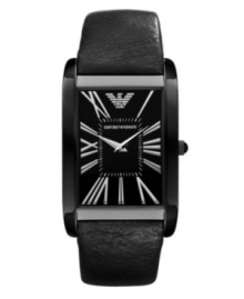 Business with a twist. Emprorio Armani added edge to the classic dress watch. Black leather strap and rectangular black-plated stainless steel case. Black dial features applied silver tone Roman numerals, two hands and logo. Quartz movement. Water resistant to 30 meters. Two-year limited warranty. Business with a twist. Emprorio Armani added edge to the classic dress watch. Black leather strap and rectangular black-plated stainless steel case. Black dial features applied silver tone Roman numerals, two hands and logo. Quartz movement. Water resistant to 30 meters. Two-year limited warranty.