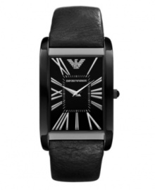 Business with a twist. Emprorio Armani added edge to the classic dress watch. Black leather strap and rectangular black-plated stainless steel case. Black dial features applied silver tone Roman numerals, two hands and logo. Quartz movement. Water resistant to 30 meters. Two-year limited warranty.