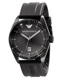 Never tread lightly. This Emporio Armani watch features a black rubber strap with logo and round stainless steel case. Black textured dial with logo, date window and stick indices. Quartz movement. Water resistant to 50 meters. Two-year limited warranty. Never tread lightly. This Emporio Armani watch features a black rubber strap with logo and round stainless steel case. Black textured dial with logo, date window and stick indices. Quartz movement. Water resistant to 50 meters. Two-year limited warranty.