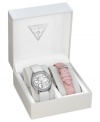 Show your GUESS love with this crystal-embellished timepiece with darling interchangeable leather straps.