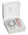 Show your GUESS love with this crystal-embellished timepiece with darling interchangeable leather straps.