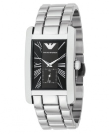 Classically cool, timelessly elegant. Stainless steel bracelet and case. Bold black dial with Emporio Armani logo, stylized silvertone Roman numerals and subdial. Two-hand, quartz movement. Water resistant to 30 meters. Classically cool, timelessly elegant. Stainless steel bracelet and case. Bold black dial with Emporio Armani logo, stylized silvertone Roman numerals and subdial. Two-hand, quartz movement. Water resistant to 30 meters.