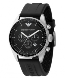 Emporio Armani at its finest. Chronograph watch features black rubber strap with stainless steel case. Textured black dial with silvertone accents, three subdials and date window. Three-hand, quartz movement. Water resistant to 50 meters. Emporio Armani at its finest. Chronograph watch features black rubber strap with stainless steel case. Textured black dial with silvertone accents, three subdials and date window. Three-hand, quartz movement. Water resistant to 50 meters.