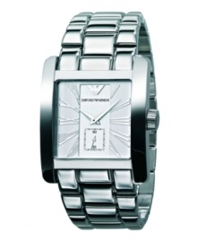 A bold-faced watch with Roman flair. This Emporio Armani watch features a stainless steel bracelet and square case. Silvertone dial with logo, roman numerals, subdial and two hands. Quartz movement. Water resistant to 30 meters. Two-year limited warranty. A bold-faced watch with Roman flair. This Emporio Armani watch features a stainless steel bracelet and square case. Silvertone dial with logo, roman numerals, subdial and two hands. Quartz movement. Water resistant to 30 meters. Two-year limited warranty.
