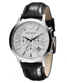 Classic design with cutting-edge style, by Emporio Armani. Black croc-embossed leather strap and round stainless steel case. Silvertone chronograph dial with tonal stick indices, logo, date window and three subdials. Quartz movement. Water resistant to 50 meters. Two-year limited warranty.