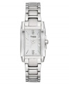 This Caravelle by Bulova watch captures elegance and style. Stainless steel bracelet and rectangular case. Silvertone dial with stick indices, logo, sweeping second hand and round-cut diamond accents at six o'clock and twelve o'clock. Quartz movement. Water resistant to 30 meters. Two-year limited warranty.