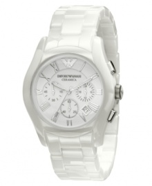 Illuminate your look with this Emporio Armani watch featuring a lacquered white ceramic bracelet and round case. White chronograph dial with silvertone Roman numerals at indices, logo, date window and three subdials. Quartz movement. Water resistant to 30 meters. Two-year limited warranty. Illuminate your look with this Emporio Armani watch featuring a lacquered white ceramic bracelet and round case. White chronograph dial with silvertone Roman numerals at indices, logo, date window and three subdials. Quartz movement. Water resistant to 30 meters. Two-year limited warranty.