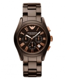 Guilty pleasure. Rich, dessert-worthy tones sweeten up this watch by Emporio Armani. Brown ceramic bracelet and round case. Brown chronograph dial features rose-gold tone Roman numerals, three subdials, date window, luminous hands and logo. Quartz movement. Water resistant to 30 meters. Two-year limited warranty. Guilty pleasure. Rich, dessert-worthy tones sweeten up this watch by Emporio Armani. Brown ceramic bracelet and round case. Brown chronograph dial features rose-gold tone Roman numerals, three subdials, date window, luminous hands and logo. Quartz movement. Water resistant to 30 meters. Two-year limited warranty.