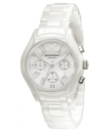 Pure style by Emporio Armani. This fresh watch features a white ceramic strap and round case. White chronograph dial with silvertone Roman numerals, logo, date window and three subdials. Analog movement. Water resistant to 30 meters. Two-year limited warranty. Pure style by Emporio Armani. This fresh watch features a white ceramic strap and round case. White chronograph dial with silvertone Roman numerals, logo, date window and three subdials. Analog movement. Water resistant to 30 meters. Two-year limited warranty.