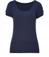 Basic tee of fine blue modal stretch has elegant upgrades - Slim cut with round neck, small chest pocket, short sleeves, lace trim and small, decorative buttons - A feminine, comfortable basic that looks great with lounge pants or jeans