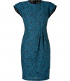 Take on this seasons love for everything lace in LWren Scotts ultra feminine teal sheath, detailed with soft pleating at the waist for an incredibly flattering fit - Rounded neckline, cap sleeves, hidden back zip, kick pleat - Tailored fit - Team with platform peep-toes and a statement box clutch