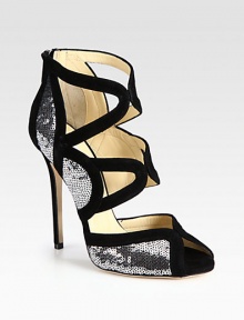 A party-ready suede silhouette with shimmering sequins and sexy cutouts. Suede-covered heel, 5 (125mm)Sequin and suede upperBack zipLeather lining and solePadded insoleMade in Italy A party-ready suede silhouette with shimmering sequins and sexy cutouts. Suede-covered heel, 5 (125mm)Sequin and suede upperBack zipLeather lining and solePadded insoleMade in Italy