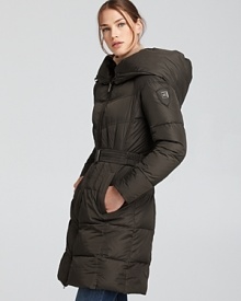 Beat the elements with this all-essential down coat from Add Down. A belted waist ensures a shapely silhouette while a hood lends extra protection from the chill. Beat the elements with this all-essential down coat from Add Down. A belted waist ensures a shapely silhouette while a hood lends extra protection from the chill.