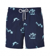 Detailed with embroidered palms, flowers and marlins, Vilebrequins Mistral swim trunks are a fun choice for beachside looks - Waterproof elastic waistband, back flap pocket with engraved metal turtle snap, side slit pockets, back eyelets for release of water, durable drawstring cord with stainless metal aglets, interior cotton briefs - Classic slim fit - Wear in the water, or post-swim with a polo and flip-flops - Comes with a logo printed drawstring pouch