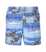 A brand original style since the 70s detailed with a drawn palm print, Vilebrequins Moorea swim trunks are as fun as they are iconic - Waterproof elastic waistband, back flap pocket, side slit pockets, back eyelets for release of water, durable drawstring cord with stainless metal aglets, interior cotton briefs - Classic slim fit - Wear in the water, or post-swim with a polo and flip-flops - Comes with a logo printed drawstring pouch