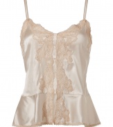 Luxurious camisole top in champagne silk satin - fine, really pleasant quality thanks to the stretch - feminine, slim double straps - elegant embroidery - top falls loose, but nevertheless figure enhancing - trendy peplum look - glam and sexy at the same time, a crazy lingerie basic for special occasions