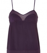 Stylish camisole top in violet silk and silk chiffon - Elegant gathering under the bust (empire effect) - Very slim spaghetti straps - The top falls loosely, yet fits snug - Stylish and sexy at the same time, also wonderfully comfortable, thanks to the stretch content - Pair with the matching briefs