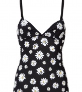 Adorable yet sexy black flower-print cami top - Channel the 1990s in this sultry camisole top by D&G Dolce and Gabbana - Low-cut with adjustable straps in a stretch poly-blend - Pair with high-waist skinny jeans, a boyfriend sweater, and platforms for throwback chic or as fashionable loungewear around your flat