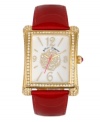 Everything is coming up roses with this romantic watch by Betsey Johnson on your wrist. Red patent leather strap and rectangular gold tone stainless steel case encrusted with crystal accents. White mother-of-pearl dial features large crystal-accented rose graphic, gold tone numerals at twelve, three, six and nine o'clock, stick indices, gold tone hour and minute hands, signature fuchsia second hand and logo. Quartz movement. Two-year limited warranted.