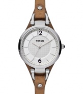A classic round steel case sits on smooth brown leather on this Georgia collection watch by Fossil.