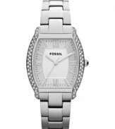 Shimmering crystals run up and down the subtle curves of this Wallace collection watch, by Fossil.