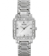 Dazzling detail dresses up this elegant watch by Bulova. Stainless steel bracelet and square case. Diamond accents at bezel. White mother-of-pearl dial with diamond-accent markers and logo. Quartz movement. Water resistant to 30 meters. Three-year limited warranty.