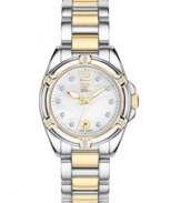 Enduring style and functionality combine with grace in this women's watch from ESQ by Movado. Two-tone stainless steel bracelet and round case. Mother-of-pearl round dial with diamond accent indices, date window and logo. Quartz movement. Water resistant to 100 meters. Two-year limited warranty.