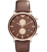 Smooth and rich leather complements the worm rosy hues of this precise chronograph watch from Emporio Armani.