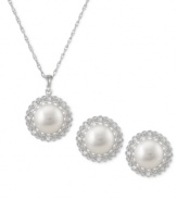 Classic chic is in abundance in this sterling silver necklace and earrings set. Cultured freshwater pearls (9-9-1/2 mm) are offset by round-cut white topaz (3/8 ct. t.w.) for a refined elegant look. Approximate length: 18 inches. Approximate drop: 5/8 inch. Approximate drop: 1/2 inch.