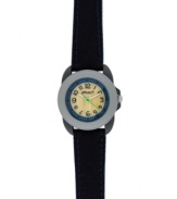 Warm, unpolished bamboo warms up this midnight black and eco-friendly watch by Sprout. Black organic cotton strap with blue stitching and round black corn resin case. Slate gray corn resin bezel. Natural bamboo dial with midnight blue corn resin inner ring features black printed numerals, minute track, green sweeping second hand and logo. Quartz movement. Limited lifetime warranty.