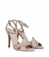 Luxurious suede sandals in elegant powder color with metallic piping - Feminine and sophisticated with narrow straps and moderately high heel - Style with cocktail dresses, pencil skirts or wide, swinging summer skirts