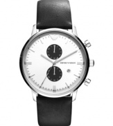 Tuxedo-inspired cool: this classic chronograph watch from Emporio Armani boasts rich black-and-white style.