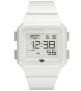 Retro, video game-inspired timekeeping by adidas. Peachtree watch crafted of white plastic bracelet and square case. Positive display digital dial features day, date, time, alarm, chronograph, interval timer and 10-lap memory. Quartz movement. Water resistant to 50 meters. Two-year limited warranty.