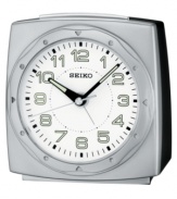 Subtly styled with modern details, this fine alarm clock from Seiko keeps you moving to the beat of your own. Rectangular silvertone mixed metal case. Round white dial with logo, numeral indices, ascending beep alarm with snooze, backlight and luminous hands. Battery included. Measures approximately 4 x 4-3/8 x 2-2/3. One-year limited warranty.