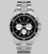 Modern sophistication in stainless steel with a shiny aluminum ring insert and three-eye chronograph functionality. Round bezel Quartz movement Three-eye chronograph functionality Water resistant to 10 ATM Date function Second hand Stainless steel case: 45mm (1.77) Imported 