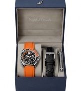 A quick strap switch gives this handsome Nautica watch an entirely new look and feel. Choose a smooth black leather strap or orange polyurethane strap with a round stainless steel case. Gray multifunctional dial with silvertone stick indices, logo and three subdials. Analog movement. Water resistant to 100 meters. Five-year limited warranty.
