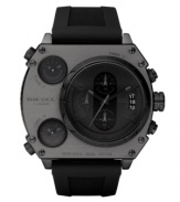 Nobody will doubt that you mean business. Watch by Diesel crafted of black silicone strap and round black ion-plated stainless steel case. Largest of three black dials features date window and three chronograph subdials and two additional smaller dials feature stick indices. Quartz movement. Water resistant to 100 meters. Two-year limited warranty.