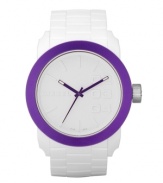 High impact is your style. Watch by Diesel crafted of white faux link texture silicone bracelet and round white plastic case with purple aluminum bezel. Matte white dial features stick indices, minute track, large numerals at two, three and four o'clock, logo and three purple hands. Quartz movement. Water resistant to 30 meters. Two-year limited warranty.